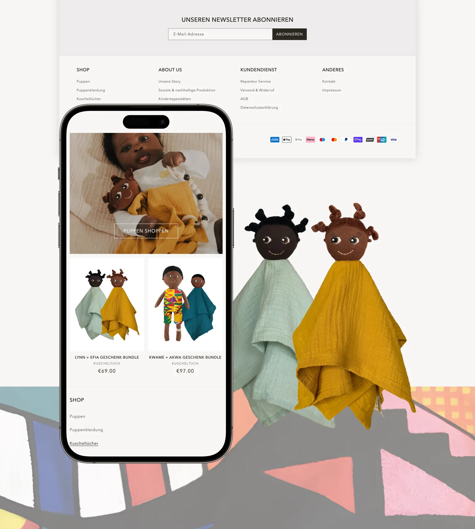 The end of the website home page and an iPhone with the cuddle cloth collection page, on the left, and two cuddle cloths, on top