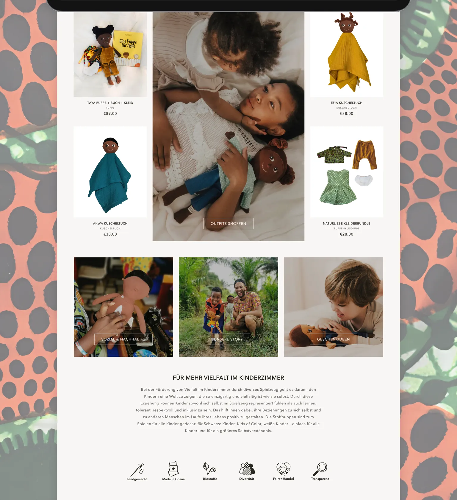 The middle of the website home page, with vibrant fabric patterns in the background