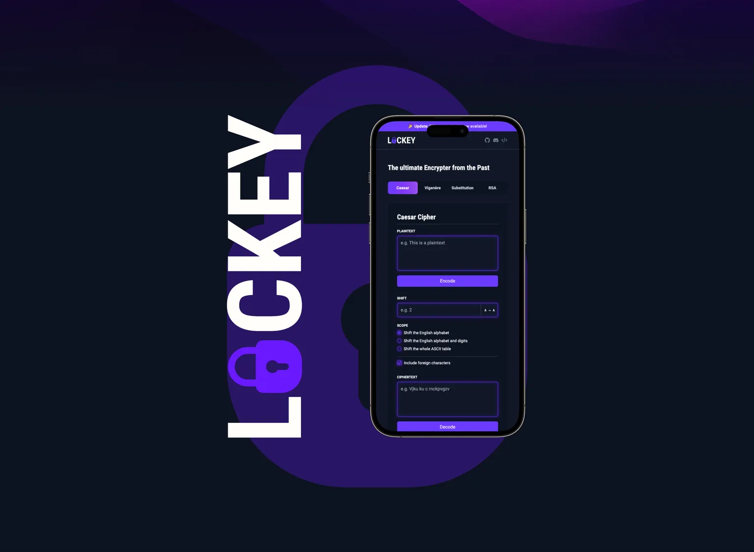 An iPhone showing the website and the LOCKEY logo side by side, with a lock watermark in the background