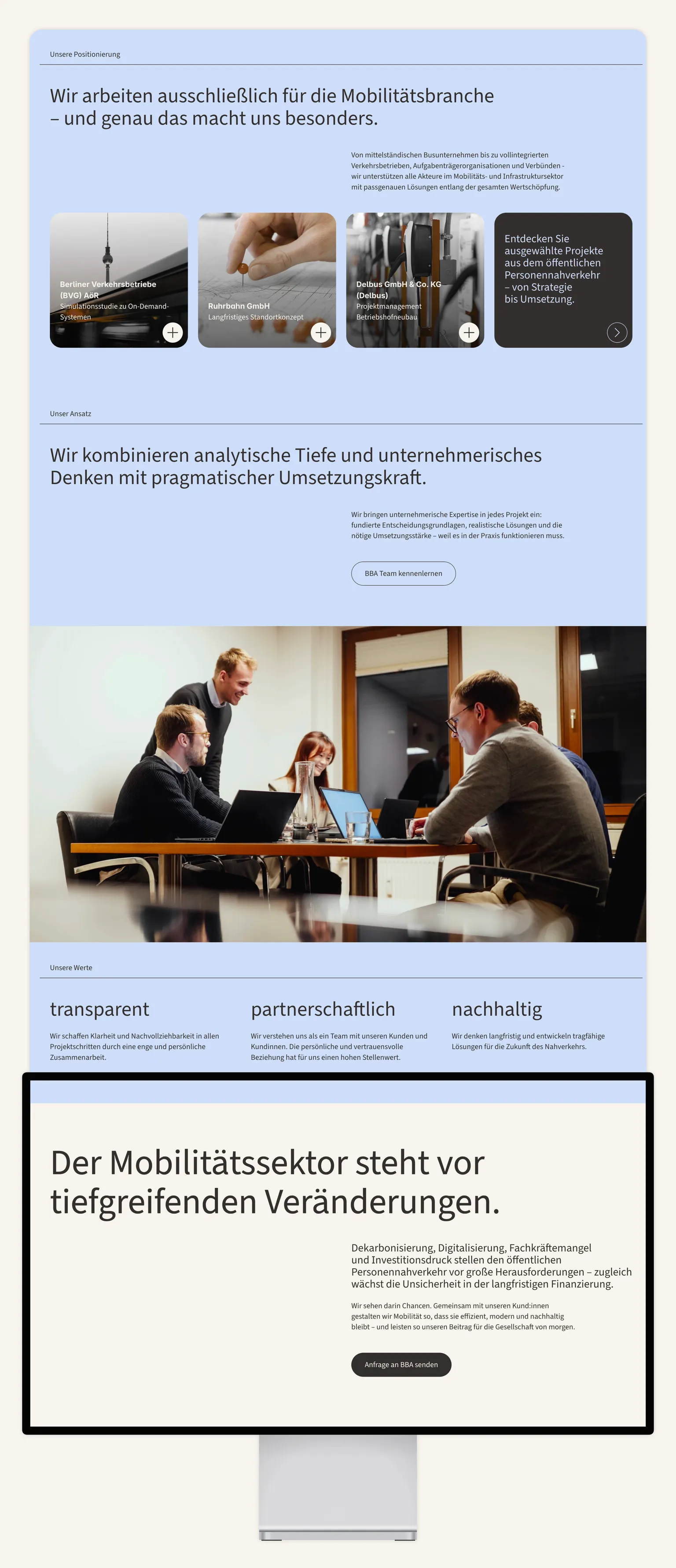 A long-form desktop webpage design for BBA featuring a clean, light blue color palette. The layout includes sections for company positioning, a professional team photo in an office setting, and a values section titled "transparent, partnerschaftlich, nachhaltig."