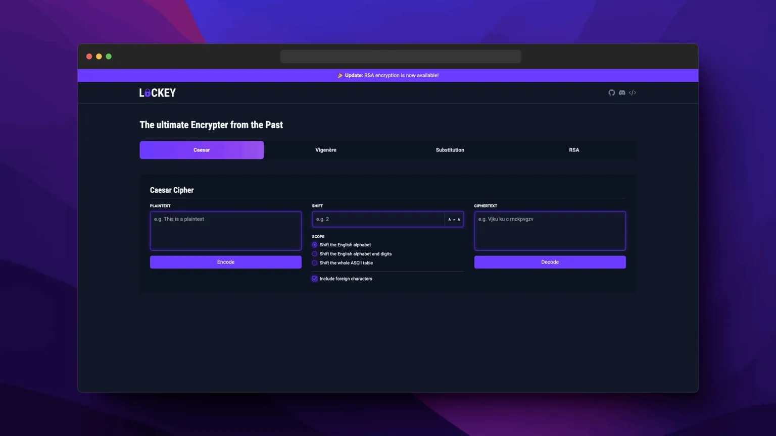 A looping animated walkthrough through all different encryption tabs of the website