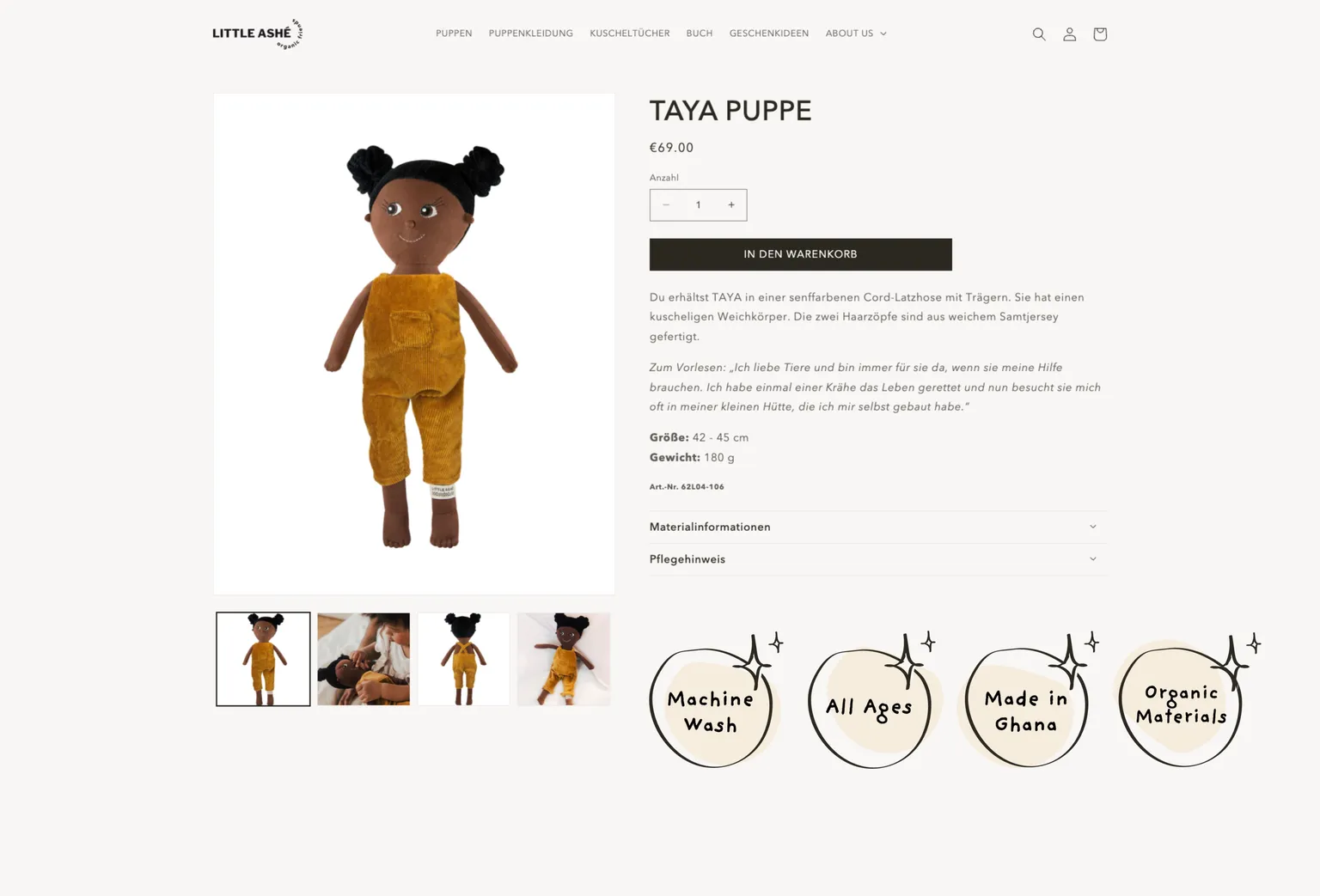 The website's product page and icons showing unique product qualities, in the bottom-right